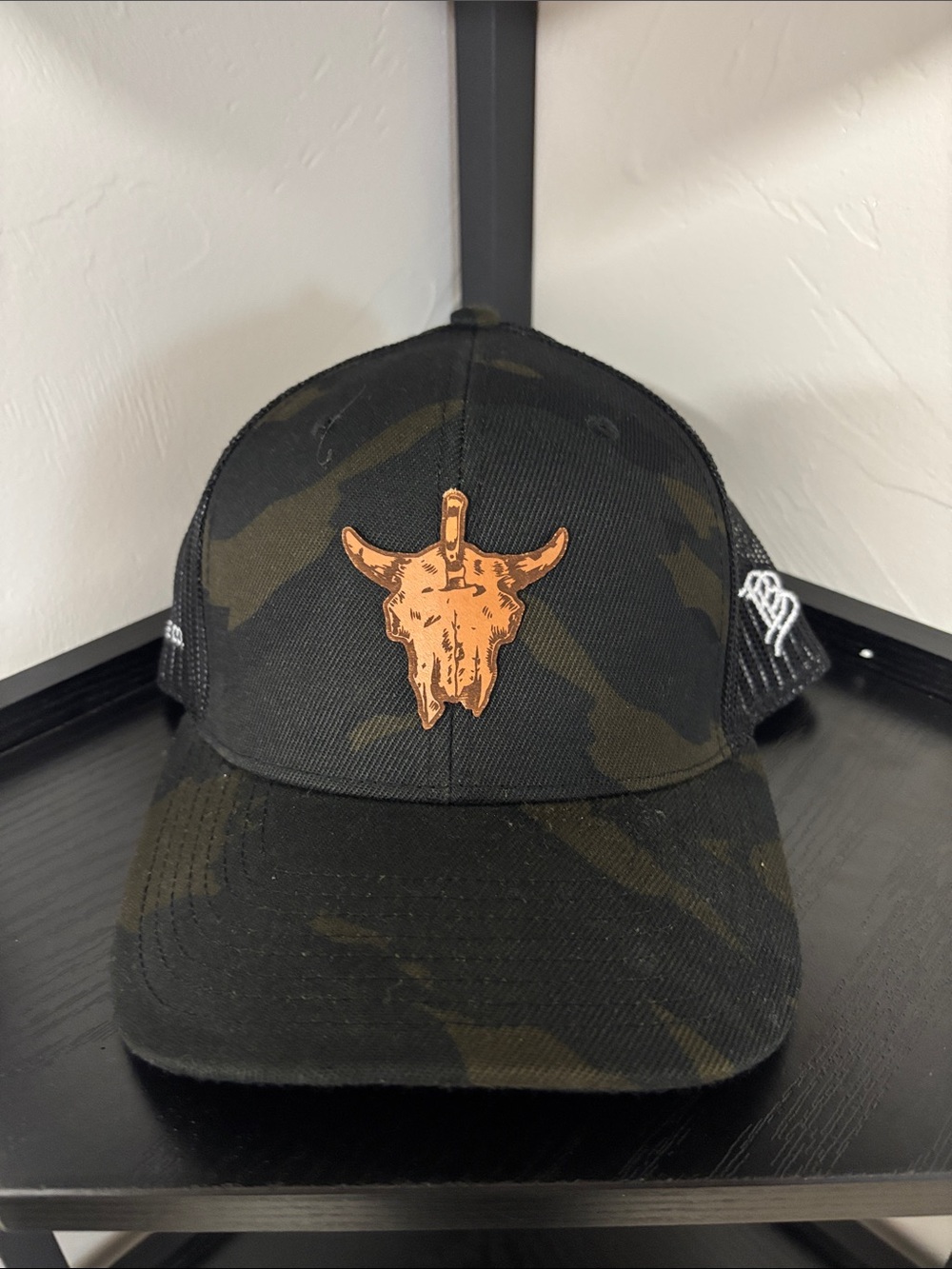 MKC Black Camo Trucker Hat with Brown Skull Patch